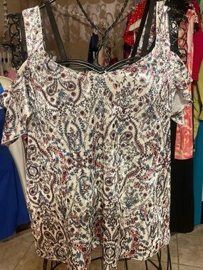Womens Cold Shoulder Paisley Print Top - White/Pink/Blue